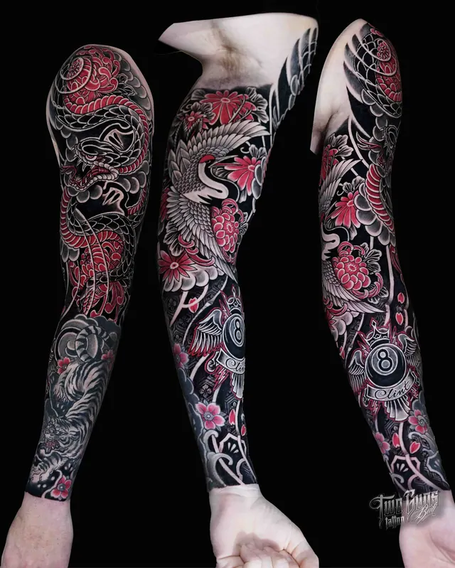 Japanese leg sleeve tattoo in black and red with a dragon, shown from three angles