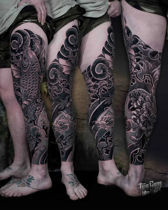 Traditional Japanese leg sleeve tattoos with koi and waves, shown from several angles