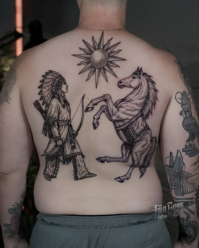 Fine line back tattoo of a figure in a feather headdress leading a horse under the sun