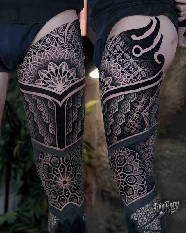 Blackwork and dotwork mandala thigh tattoo, shown from two angles