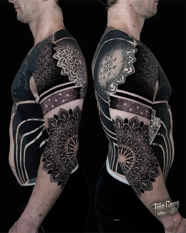 Blackwork and dotwork shoulder tattoo with solid black bands, two angles