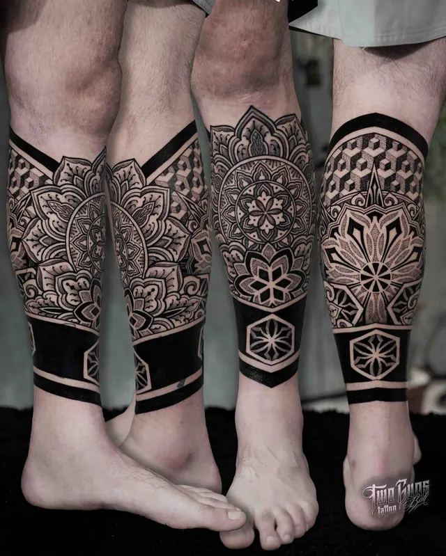 Dotwork mandala calf panels with solid black bands, shown from four angles