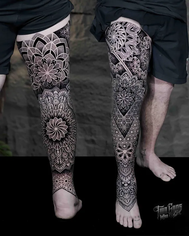 Dotwork mandala leg and foot sleeve tattoo, shown from two angles