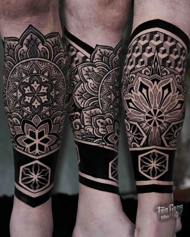 Dotwork mandala calf tattoos with solid black bands, shown from three angles