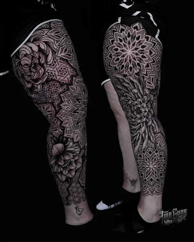 Ornamental dotwork full leg tattoo, shown from two angles