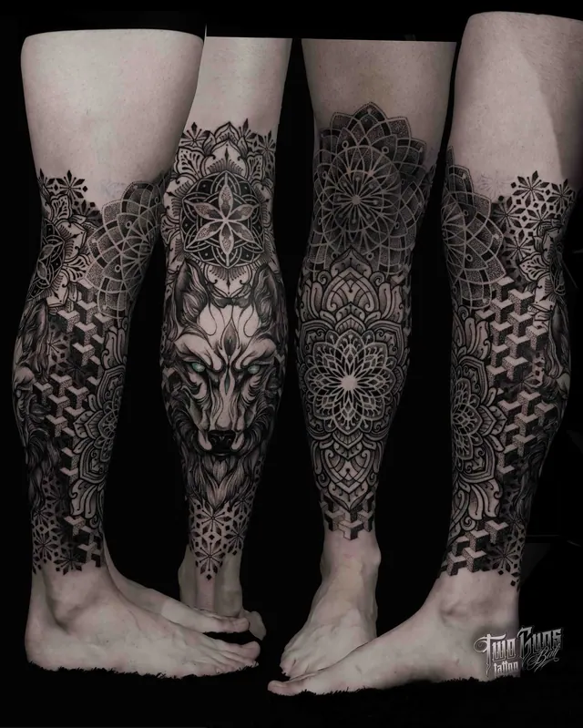 Dotwork mandala lower leg tattoos with a wolf face, shown from four angles
