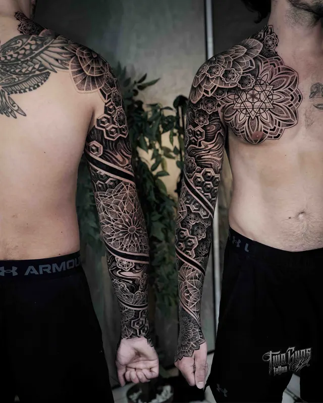 Dotwork mandala full sleeve and chest tattoo, shown from two angles