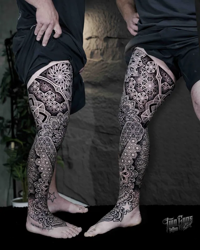 Dotwork mandala full leg sleeve tattoos shown on both legs