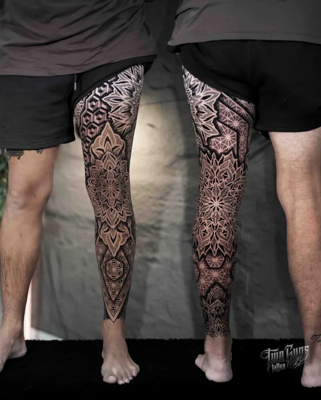 Dotwork mandala full leg sleeve tattoos on both legs