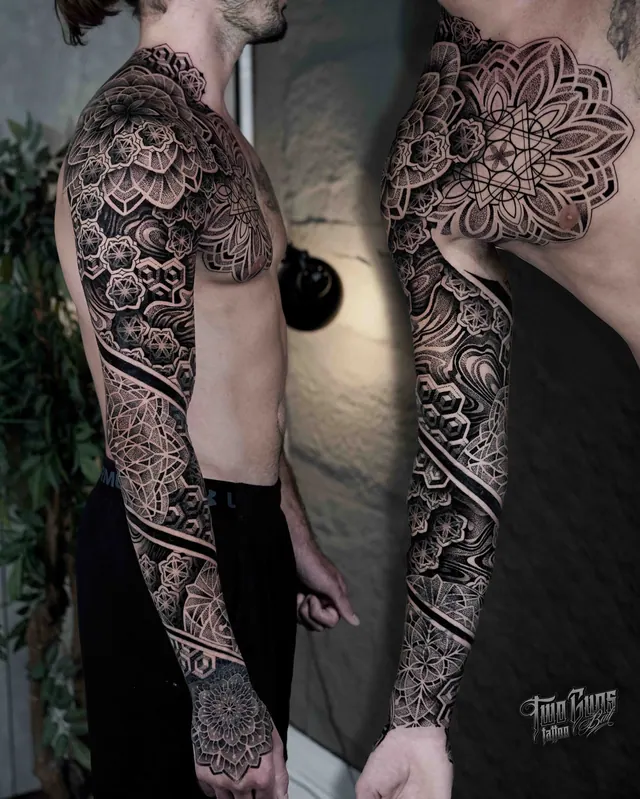 Dotwork mandala full sleeve and chest panel tattoo, shown from two angles
