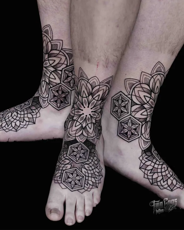 Dotwork mandala tattoos across the feet and ankles