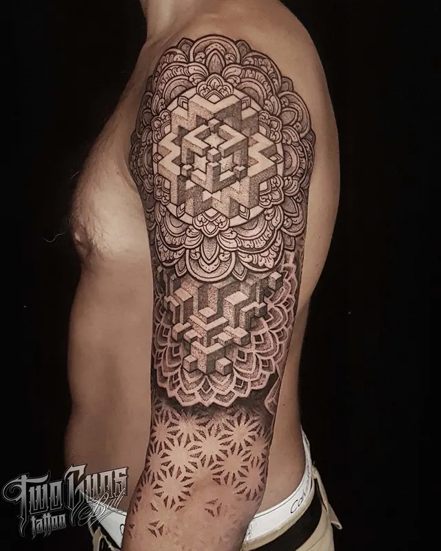 Sacred geometry dotwork sleeve and rib panel tattoo