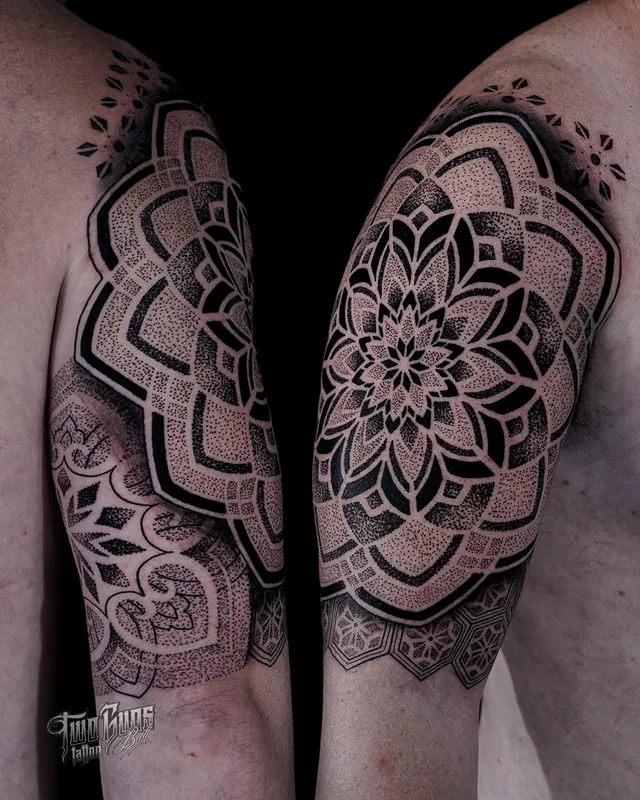 Dotwork mandala half sleeve tattoo on the upper arm, shown from two angles