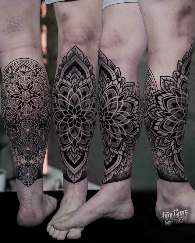 Dotwork mandala calf tattoos shown on several legs