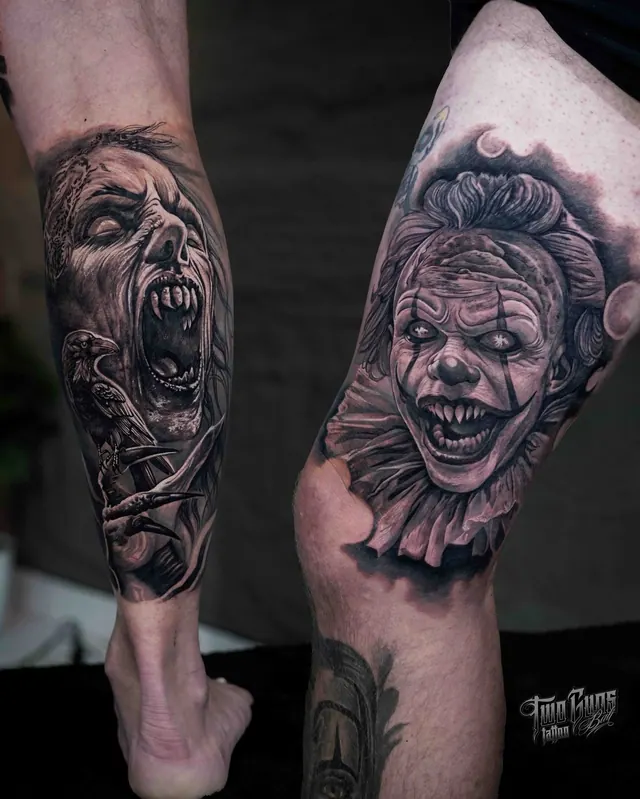 Black and grey horror leg tattoos of a screaming ghoul and a sinister clown