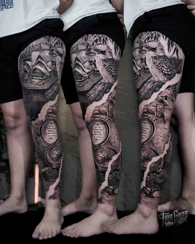 Black and grey realism leg sleeve tattoo with a kookaburra and a carved mask, three angles