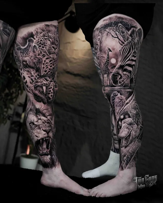 Black and grey realism leg sleeve tattoos of animals and ornamental work, on both legs