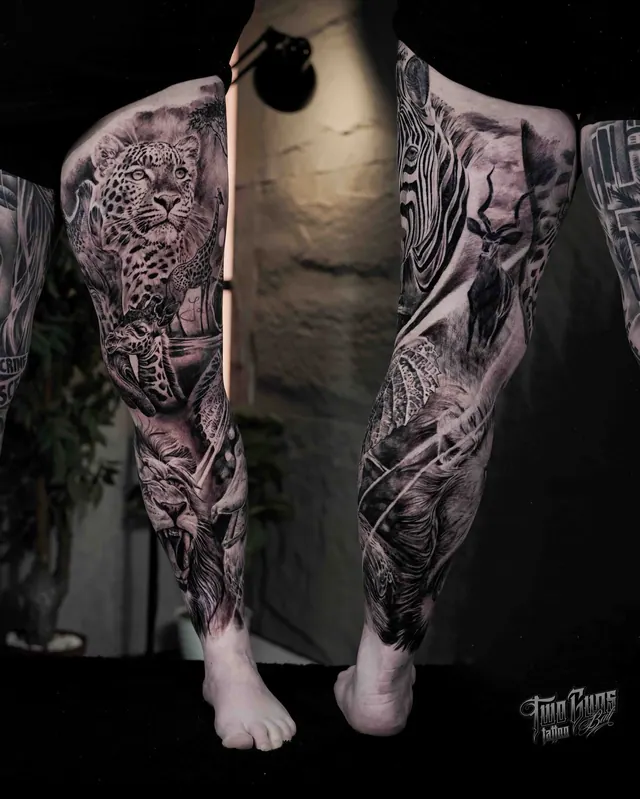 Black and grey realism leg sleeve tattoos shown on both legs