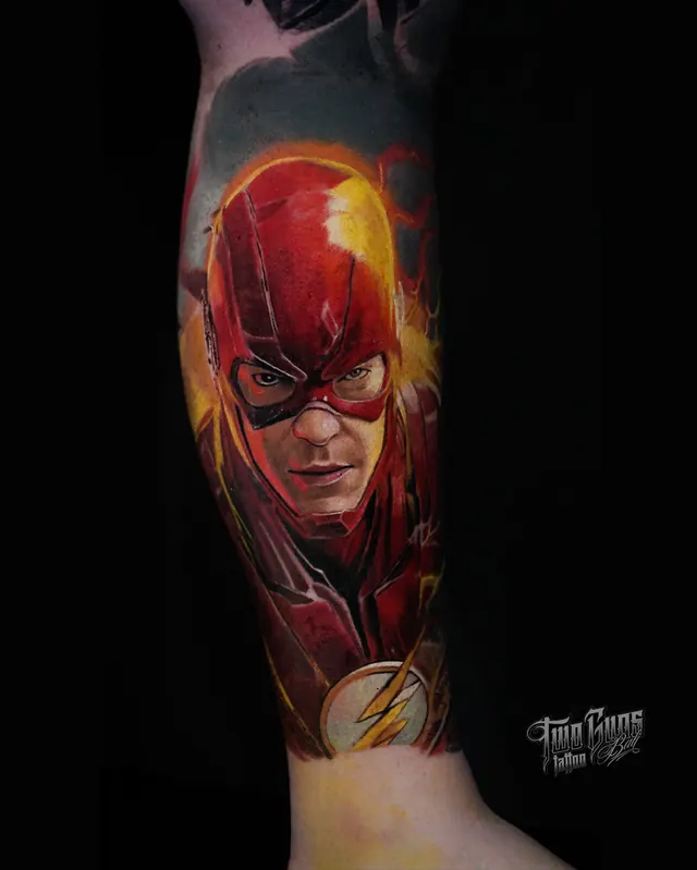 Colour realism forearm tattoo of the Flash