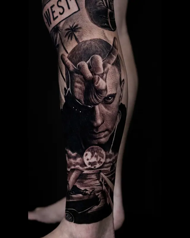 Black and grey realism leg sleeve tattoo of hip hop portraits