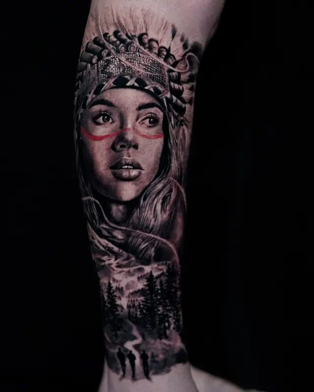 Black and grey realism leg tattoo of a woman in a headdress above a cityscape