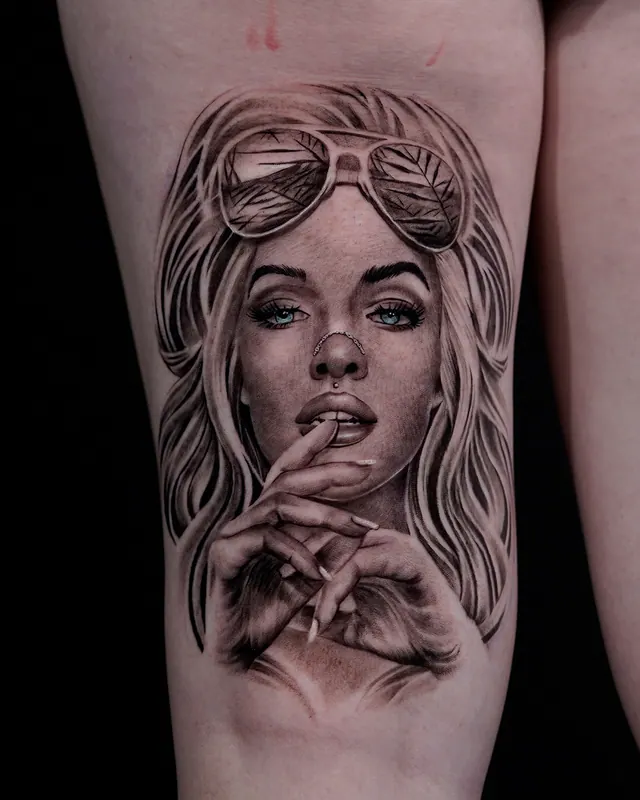 Black and grey realism thigh tattoo portrait of a woman with sunglasses pushed up