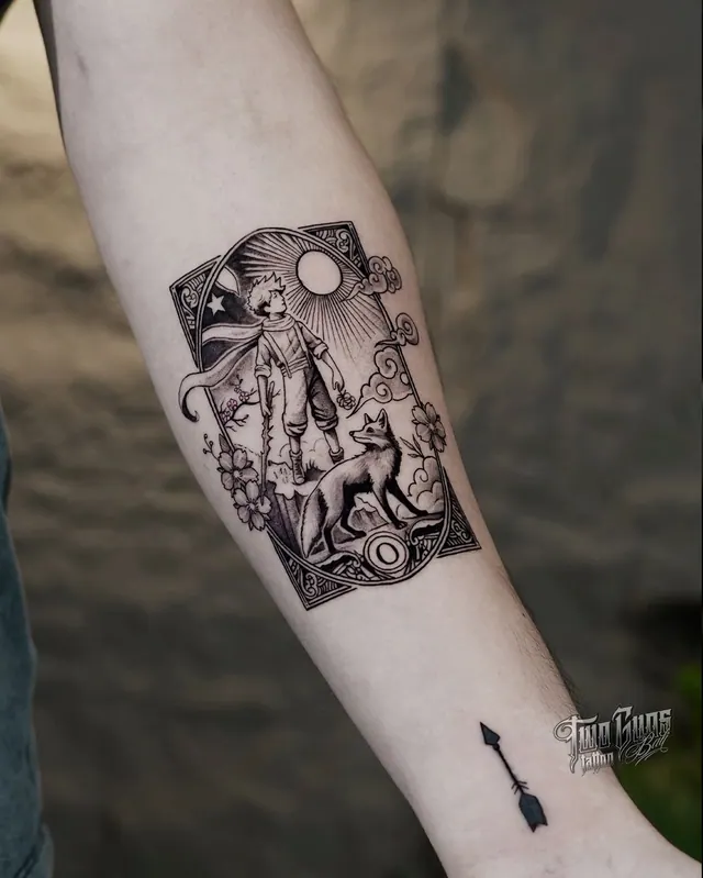 Fine line framed panel tattoo of a child and a wolf under the sun, on the forearm