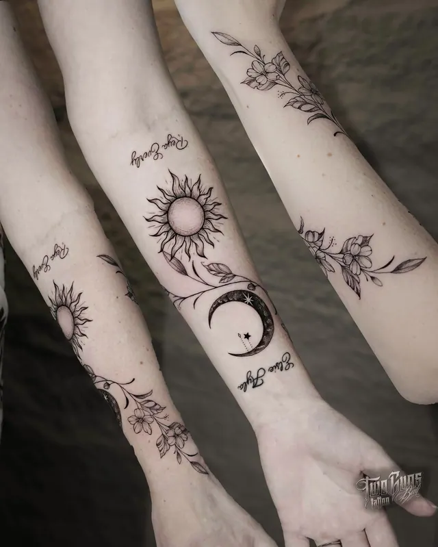Fine line sun, moon, floral and script tattoos across both forearms