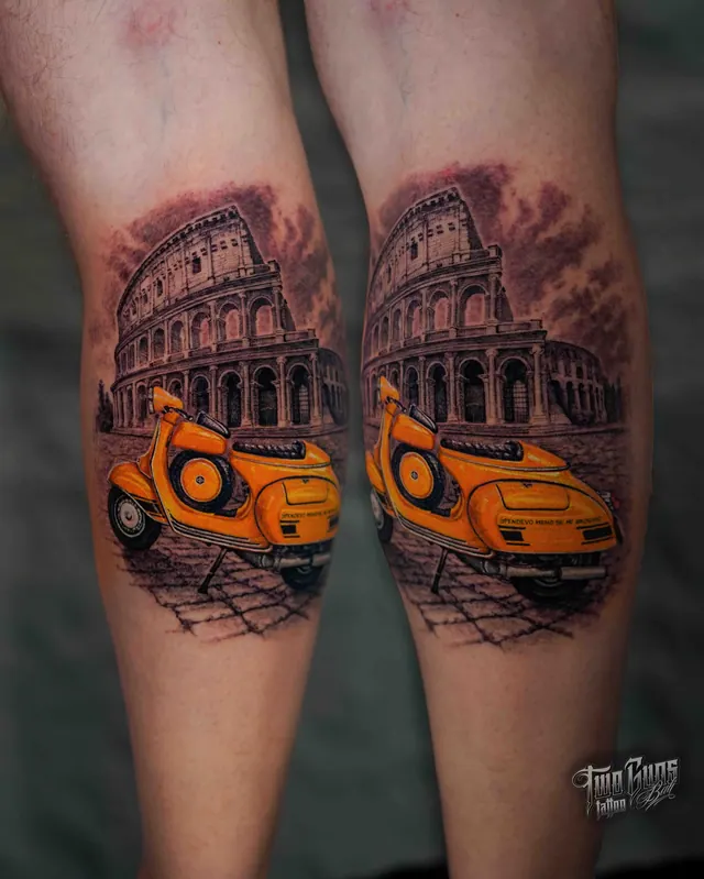 Colour calf tattoo of a scooter in front of the Colosseum