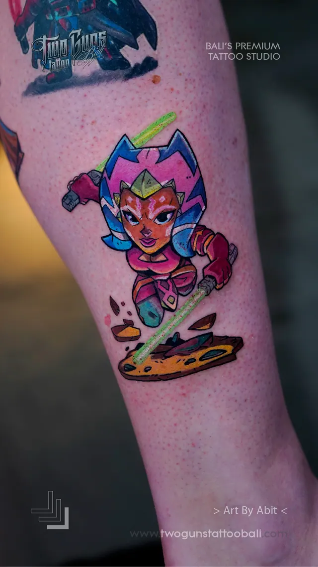 Colour cartoon character tattoo on the lower leg