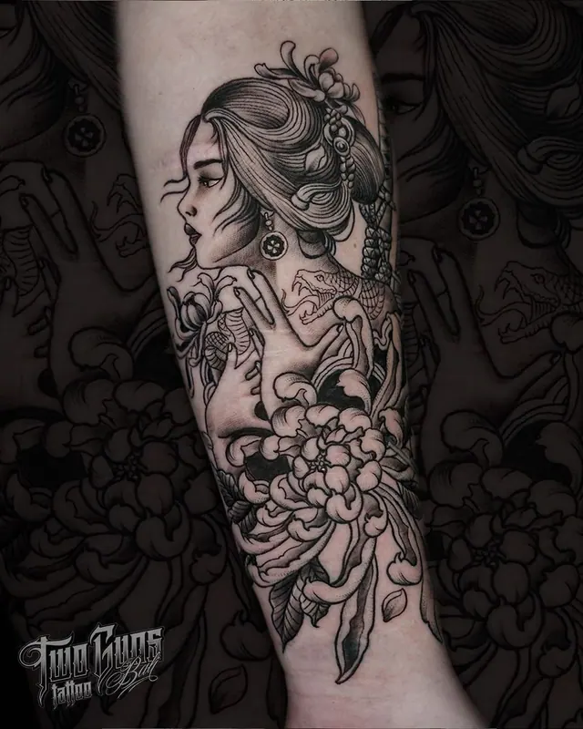Black and grey Japanese geisha inner forearm tattoo with chrysanthemums