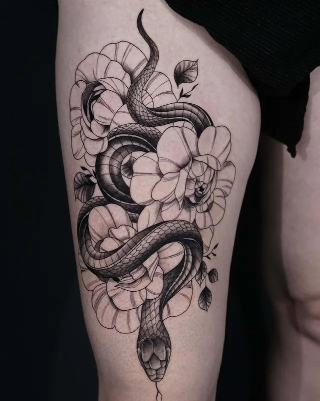 Fine line thigh tattoo of a snake coiled through magnolia flowers