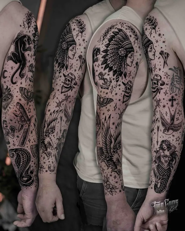 Blackwork traditional full sleeve tattoo with a panther and feather headdress, three angles