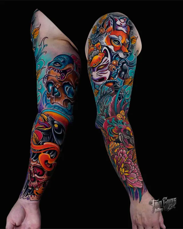 Bright colour neo-Japanese full sleeve tattoo of a kitsune fox mask, two angles