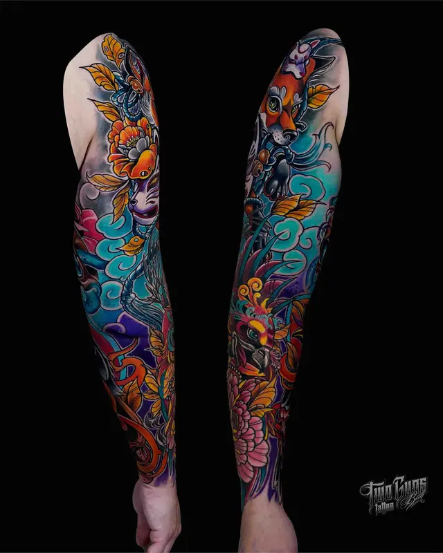 Colour neo-Japanese full sleeve tattoo with a kitsune fox mask and florals, two angles
